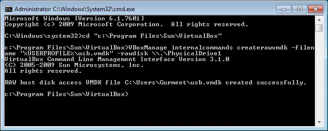 Command lines to add Physical USB Drive to VirtualBox