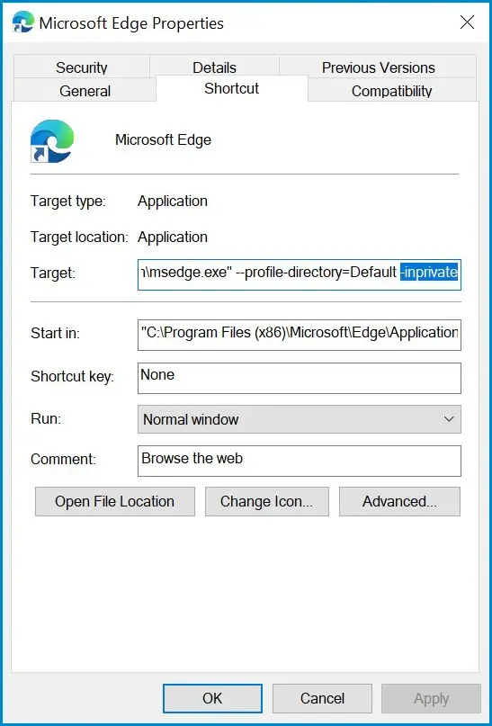 create Microsoft Edge private mode shortcut