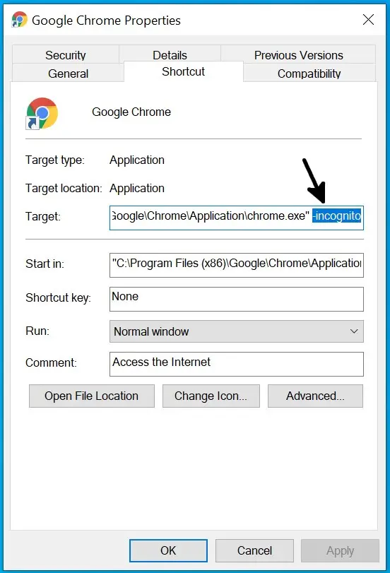 Google Chrome Incognito shortcut setup step 2