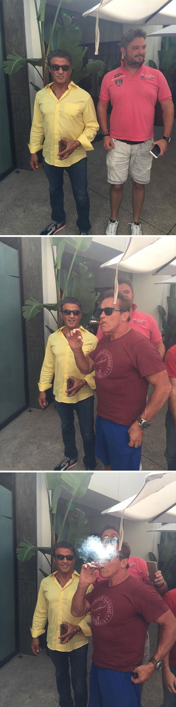 Funny Celebrity Photobombs - Arnold Spoiled The Fan Photo With Sylvester