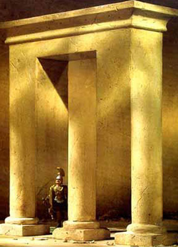 Roman soldier under three optically illusional columns
