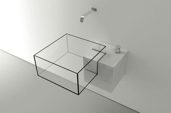 Bathroom sink in the shape of a glass cube 