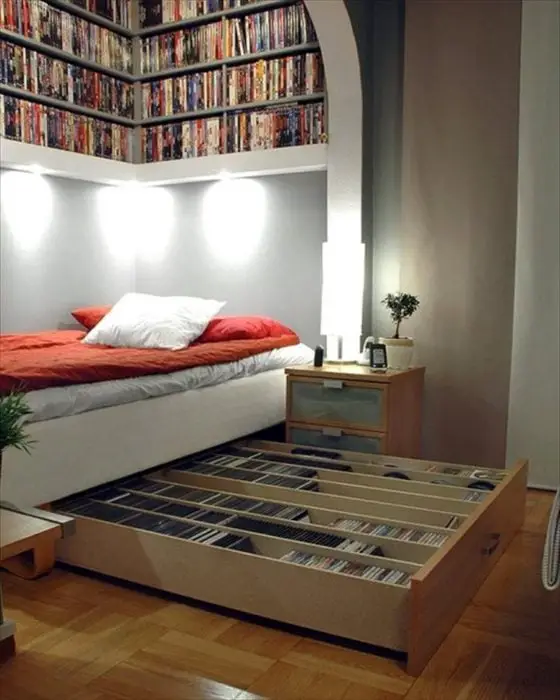 Bed with storage space for books and records included