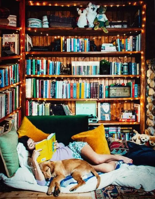 Bookshelf next to a bed