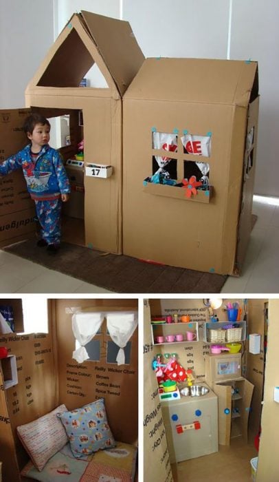 Boy in a cardboard house