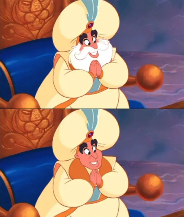 Comparison of Aladdin's Sultan photo with and without beard 