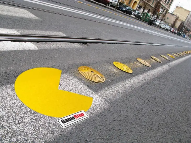 GamesSpot video game store pacman painted on the street