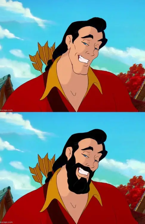 Gaston the Beauty and the Beast with and without a beard 