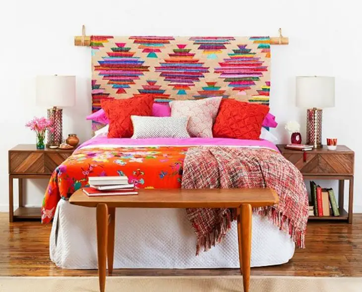 Headboard of fabrics with colorful patterns
