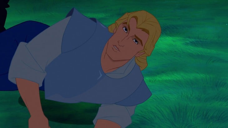 John Smith in Pocahontas without a beard lying on the grass 