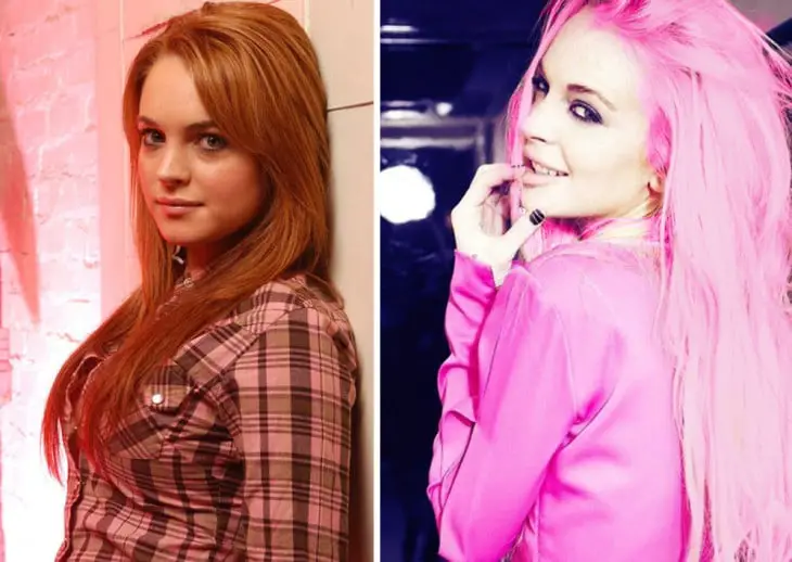 Lindsay Lohan with red hair and a photo with her hair in pink 