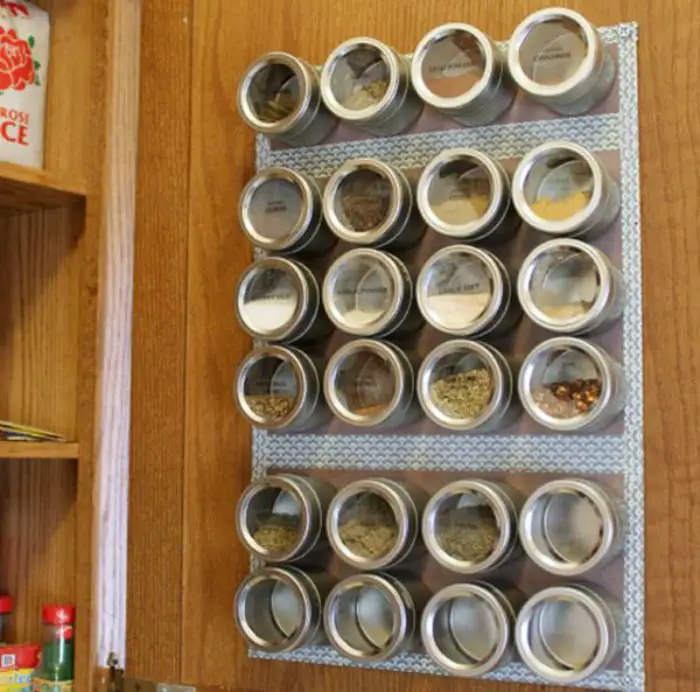 Magnetic tape of spice racks inside kitchen cabinets 