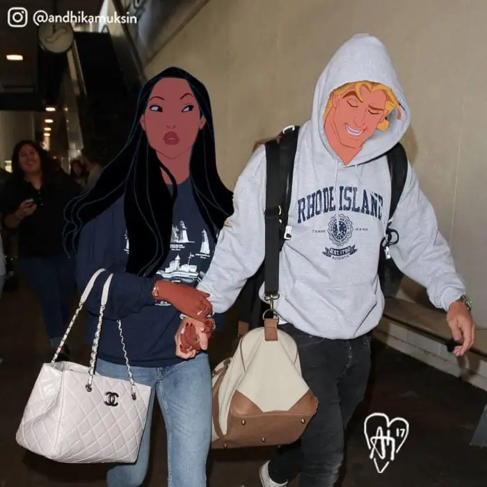 Pocahontas and John Smith running away from the press 
