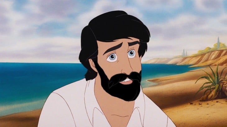 Prince Eric from the movie The Little Mermaid with a beard on the shore of the beach 
