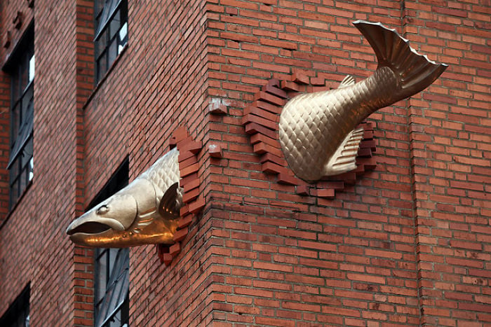 Salmon embedded in a wall, street art