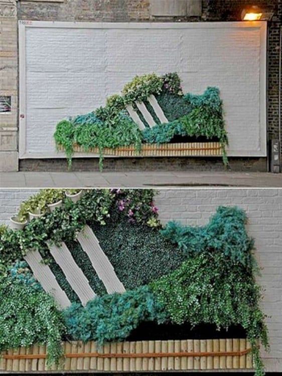 Sneakers made with plants on a wall 