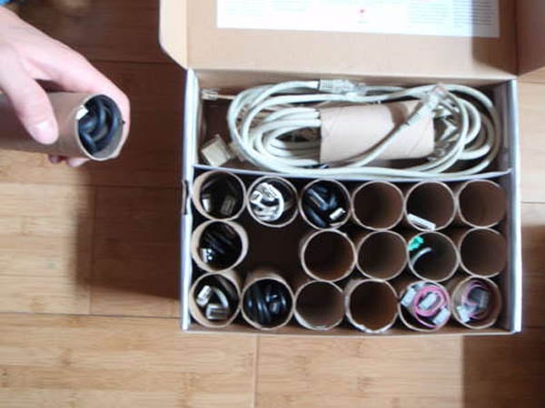 Toilet paper rolls for organizing cables and cords