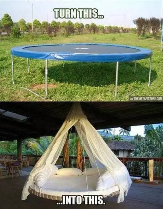 Trampoline converted into a comfortable hanging floating bed
