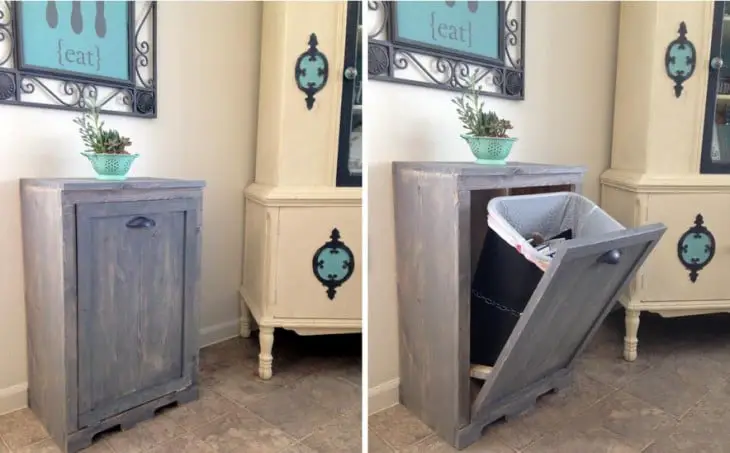 Trash can inside a piece of furniture in the house 