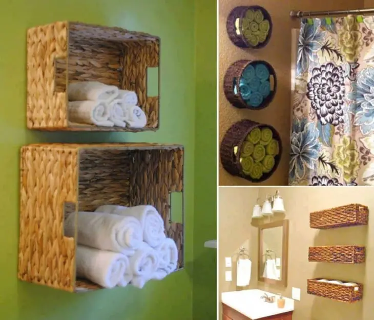 Woven baskets fixed to the wall like towel shelves inside a bathroom 
