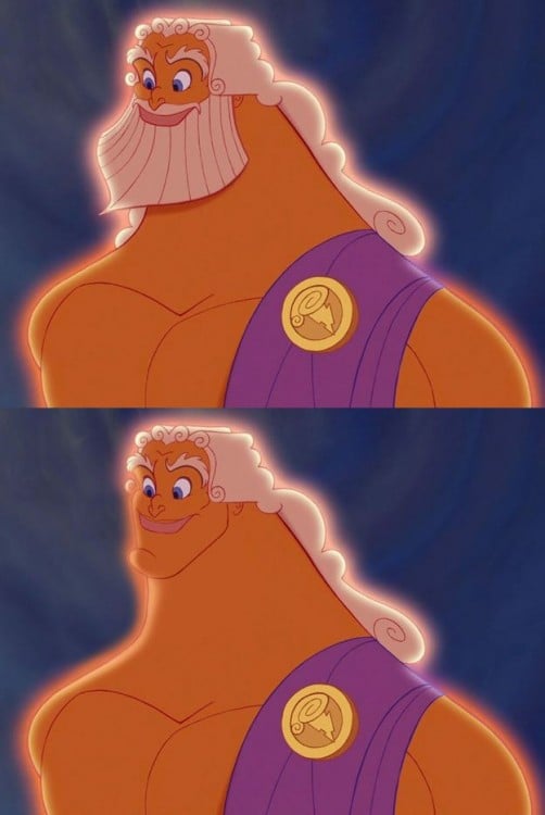 Zeus from the movie Hercules with and without a beard 