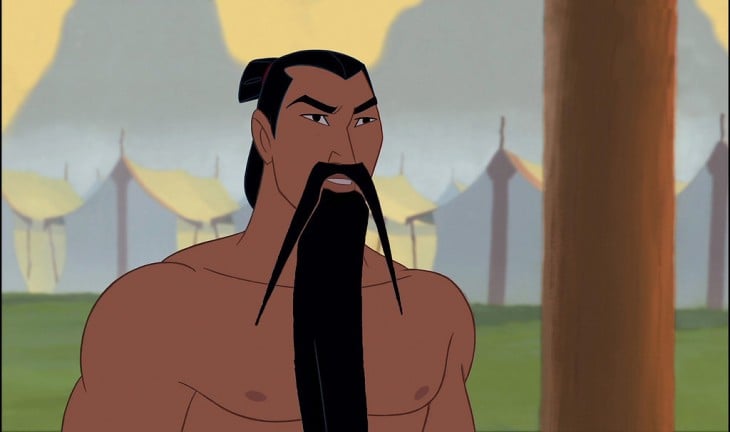 Zhang Mulan from the movie Mulan with a mustache and beard 