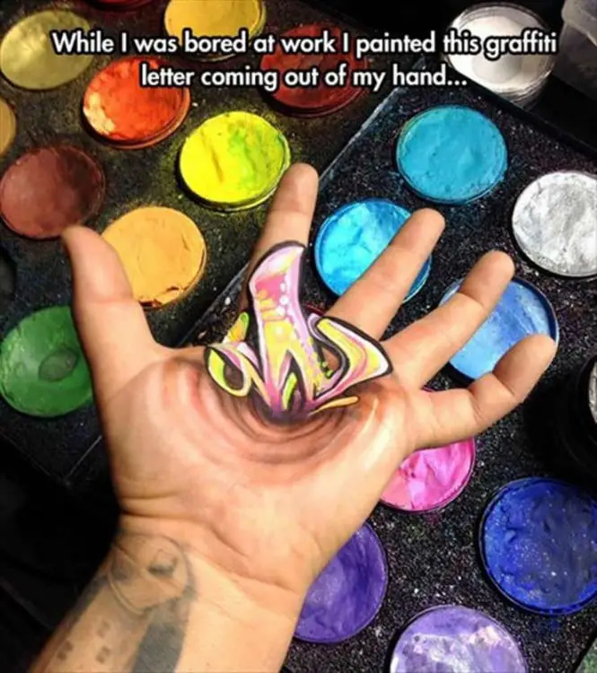 Artist paints his hand in his spare time