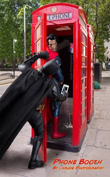 Batman finds Superman urinating in a phone booth in Edy Hardjo's tongue-in-cheek version.