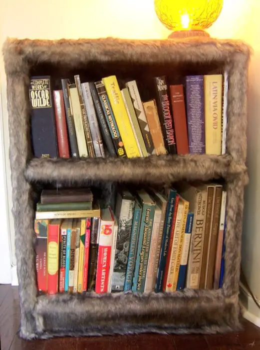 Bookcase lined with stuffed animal