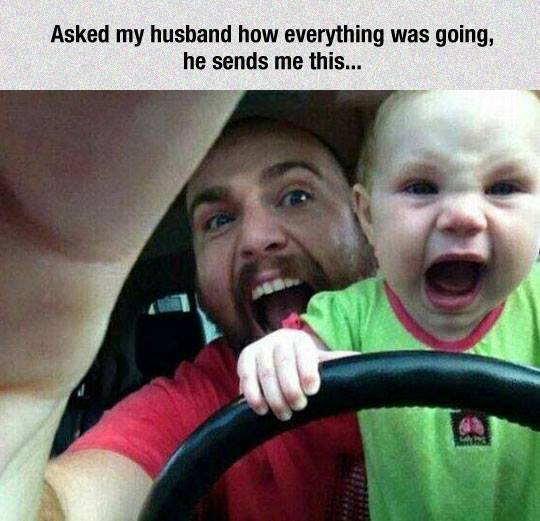 Dad teaches his son to be rough or apparently driving in the car
