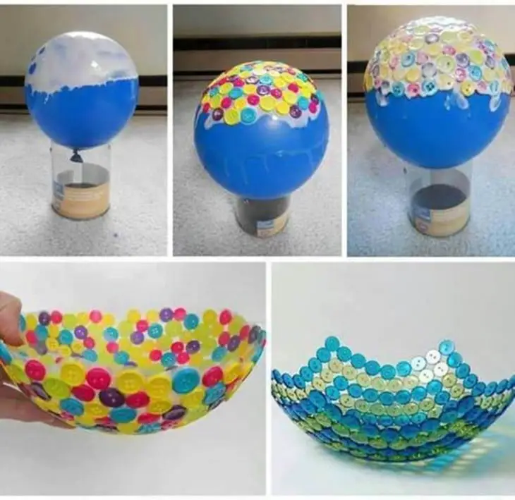 Photos showing the steps to make a bowl with buttons on a balloon 