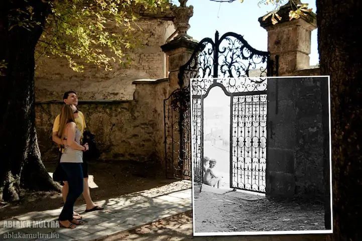 Woman looking at an antique gate