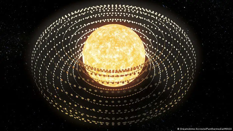 Una esfera de Dyson, una teoría de megaestructura que rodea y extrae energía de una estrella, tiene una variante práctica llamada A Dyson sphere - a theory of megastructure that surrounds and extracts energy from a star