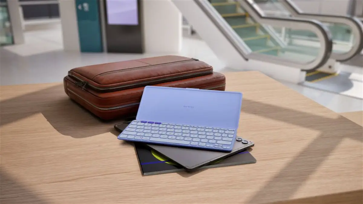 The Logitech Keys-to-go 2 in violet, with its protective case